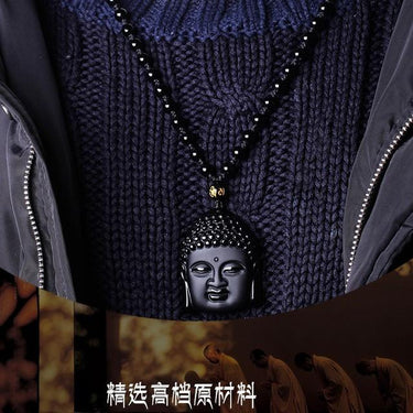 HandCrafted Obsidian Buddha Head Pendant Necklace